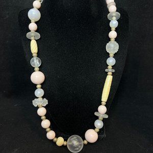 Vintage Chunky Silver Tone, Pink, Cream & Frosted Clear Beaded Necklace (3891)